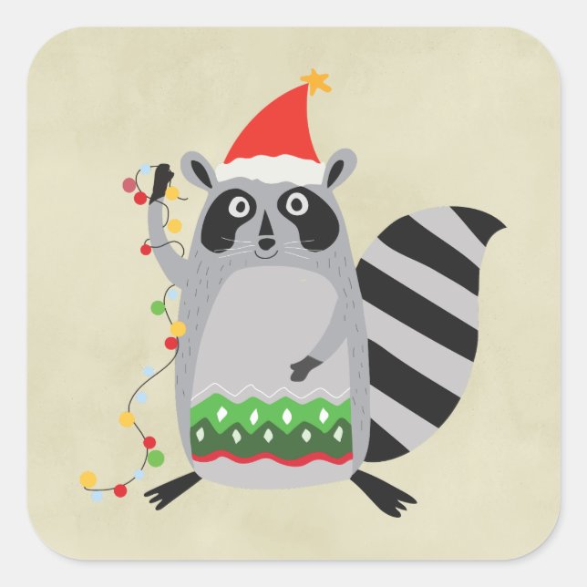 Racoon In Santa Hat Tangled Up In Xmas Lights Square Sticker (Front)