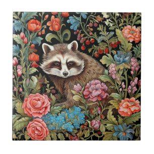 Racoon in the garden inspired by William Morris Ceramic Tile