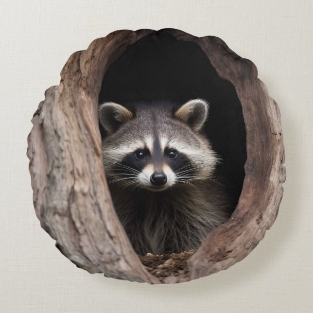 Racoon in Tree Cave  Round Cushion (Front)