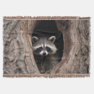 Racoon in Tree Cave Throw Blanket