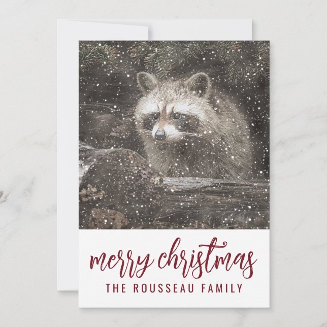 Racoon In Winter Snow Christmas Holiday Card (Front)