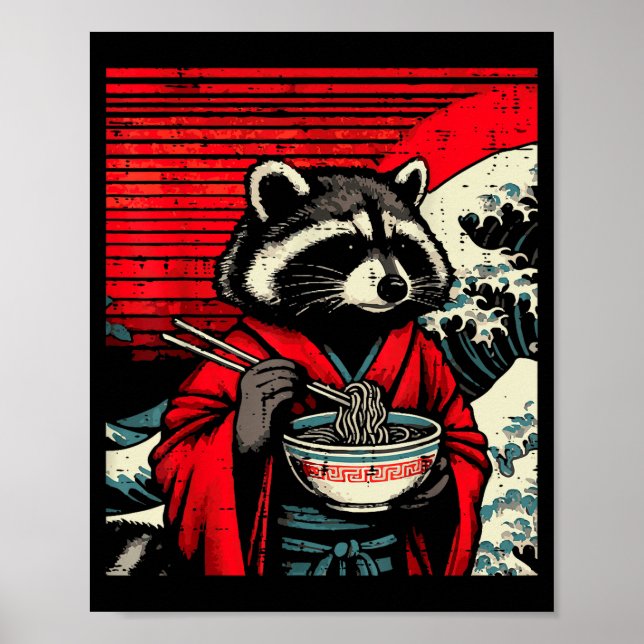 Racoon Kimono Eating Ramen Japanese Food Art Men  Poster (Front)