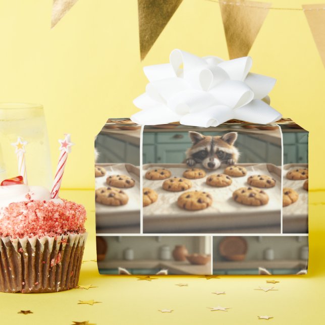 Racoon Looking At Chocolate Chip Cookies Wrapping Paper (Birthday Party)