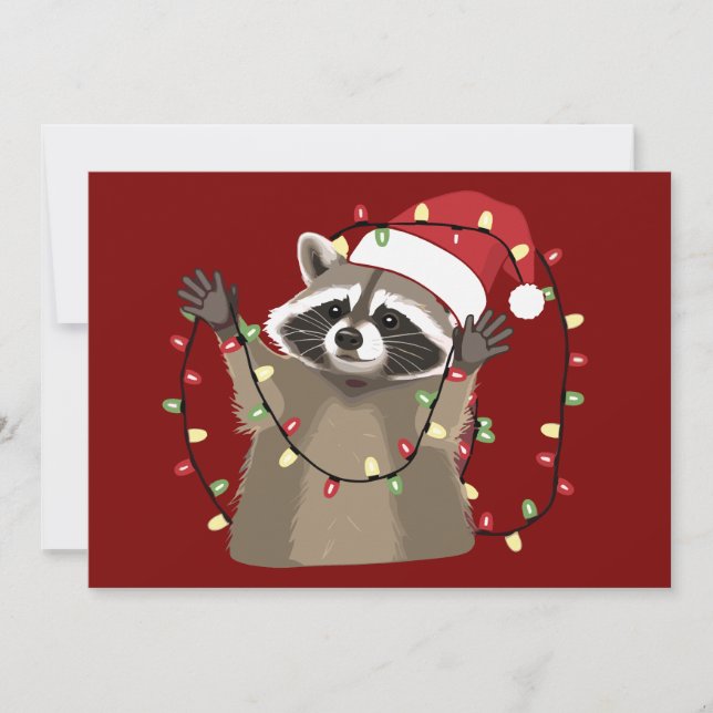 Racoon Lover Christmas Lights Animal Santa Hat  Holiday Card (Front)