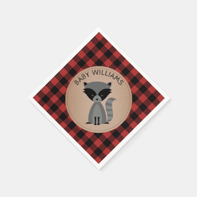 Racoon Lumberjack Plaid Baby Shower Napkins (Corner)