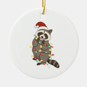 Racoon Merry Christmas Lights Santa Hat Xmas Snow Ceramic Ornament