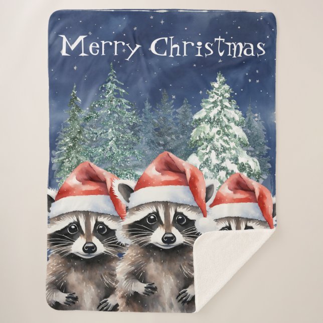 Racoon Merry Christmas Sherpa Blanket (Front)