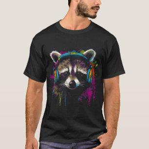 Racoon Music Headphones Colourful Animal Motif T-Shirt
