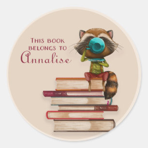 Racoon on a Stack of Books Book Name Plate Classic Round Sticker