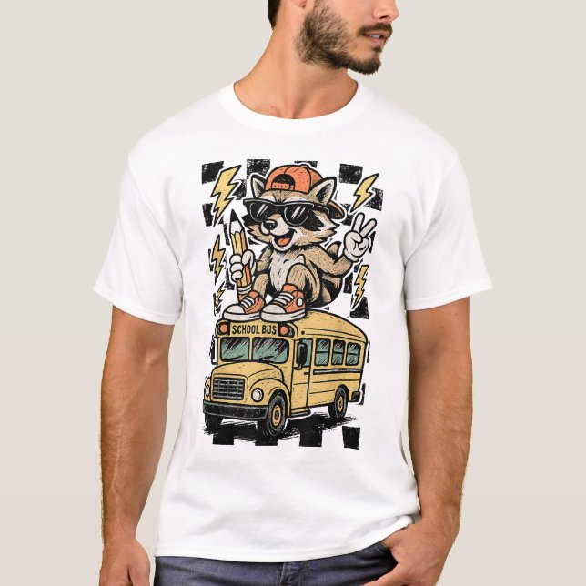 Racoon On Bus Back To School Boy Teacher  T-Shirt (Front)