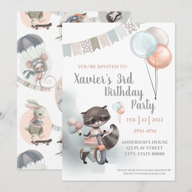 Racoon On Scooter Birthday Party Invitation (Front/Back)