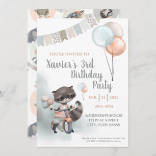 Racoon On Scooter Birthday Party Invitation