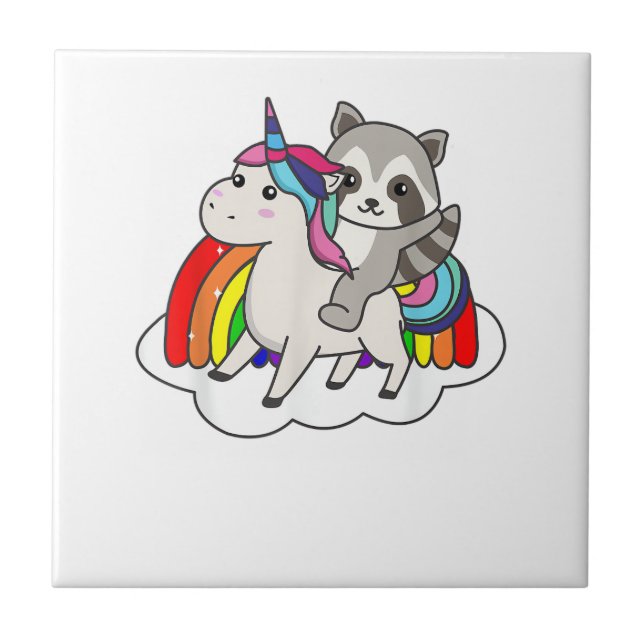 Racoon On Unicorn Rainbow Animals Sweet Unicorns  Ceramic Tile (Front)