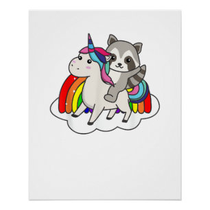 Racoon On Unicorn Rainbow Animals Sweet Unicorns  Poster