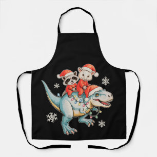 Racoon Opossum Riding T Rex Santa Hat Christmas Apron