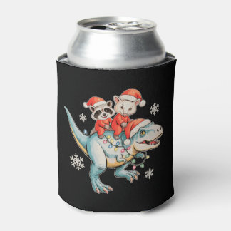 Racoon Opossum Riding T Rex Santa Hat Christmas Can Cooler