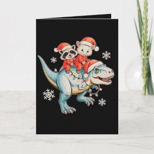 Racoon Opossum Riding T Rex Santa Hat Christmas Card