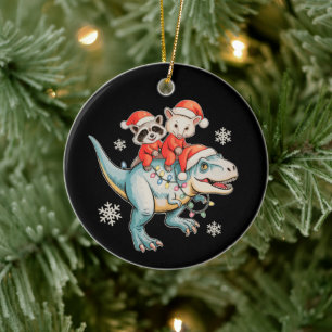 Racoon Opossum Riding T Rex Santa Hat Christmas Ceramic Ornament