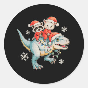 Racoon Opossum Riding T Rex Santa Hat Christmas Classic Round Sticker