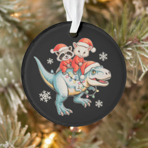 Racoon Opossum Riding T Rex Santa Hat Christmas Ornament