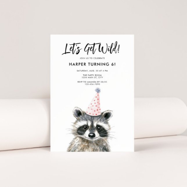 Racoon Party Hat Kids Woodland Birthday Invitation (Let's Get Wild Raccoon Birthday Invite)