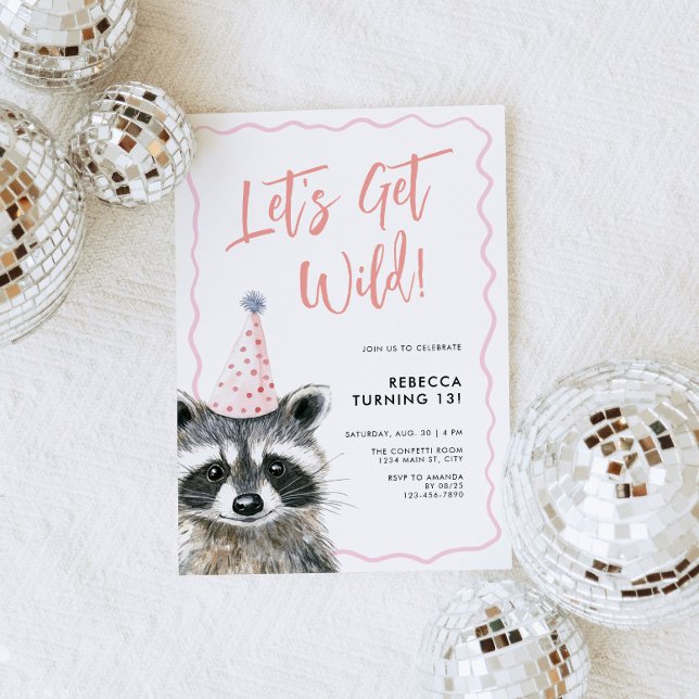 Racoon Party Hat Let's Get Wild Birthday Invitation (Raccoon Birthday Party Invite)