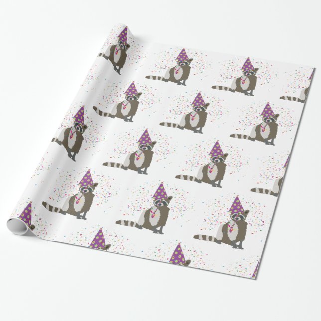 Racoon Partying - Animals Having a Party Wrapping Paper (Unrolled)