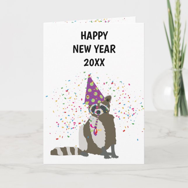 Racoon Partying - Animals Holiday New Years Card (Front)