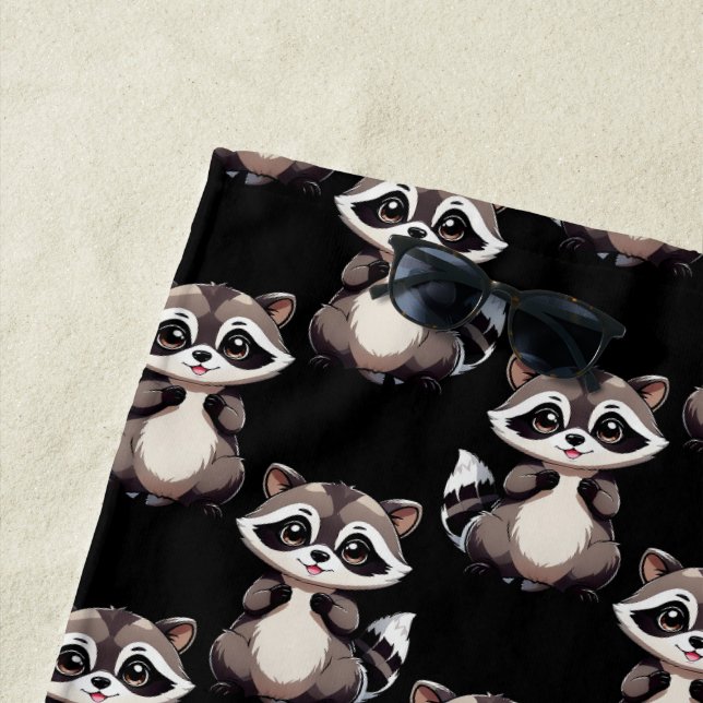Racoon Pattern Design Black  Beach Towel (In Situ)
