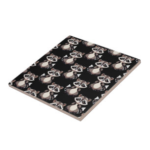 Racoon Pattern Design Black  Ceramic Tile