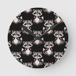 Racoon Pattern Design Black  Round Clock