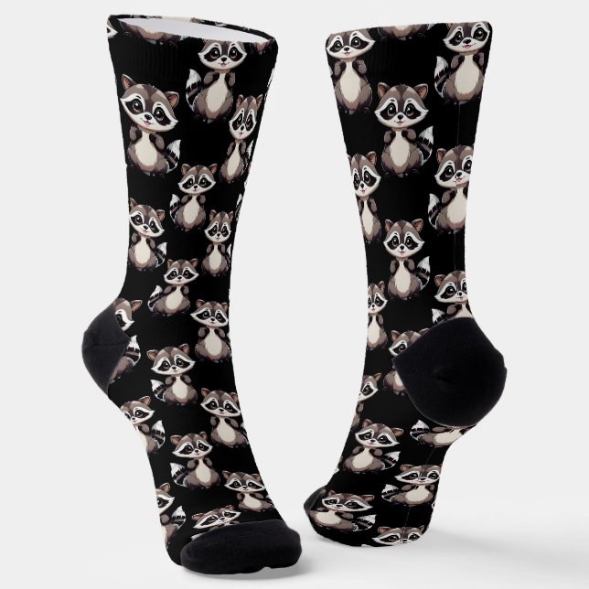 Racoon Pattern Design Black  Socks (Angled)