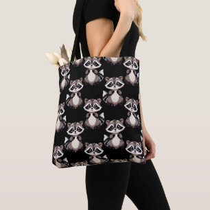 Racoon Pattern Design Black Tote Bag