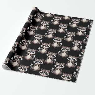 Racoon Pattern Design Black Wrapping Paper