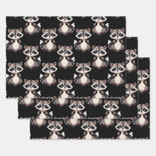 Racoon Pattern Design Black Wrapping Paper Sheet