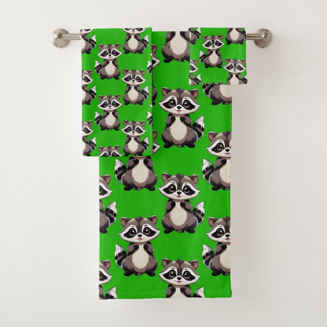 Racoon Pattern Design Green  Bath Towel Set (Insitu)