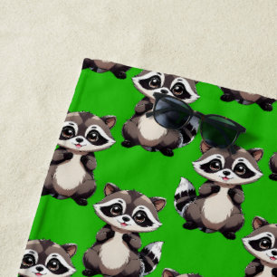 Racoon Pattern Design Green Beach Towel