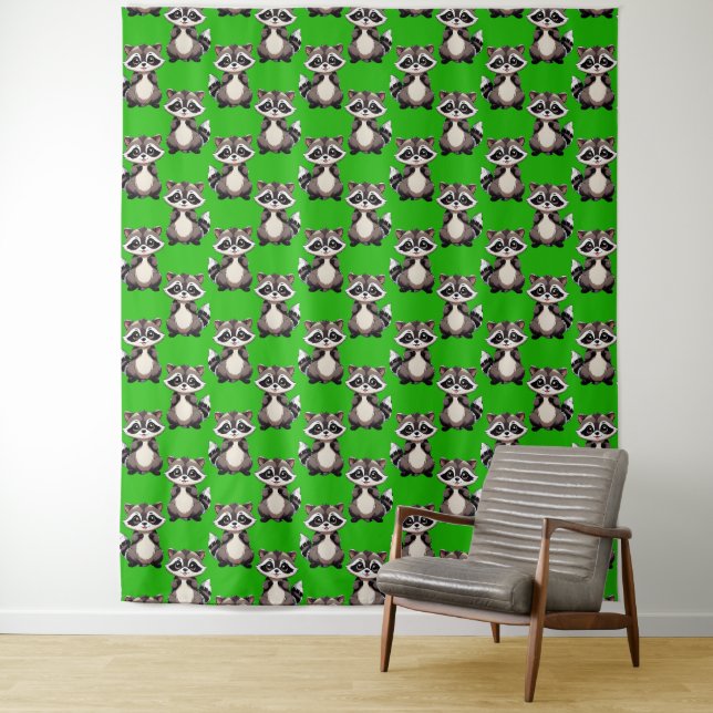 Racoon Pattern Design Green  Tapestry (In Situ)