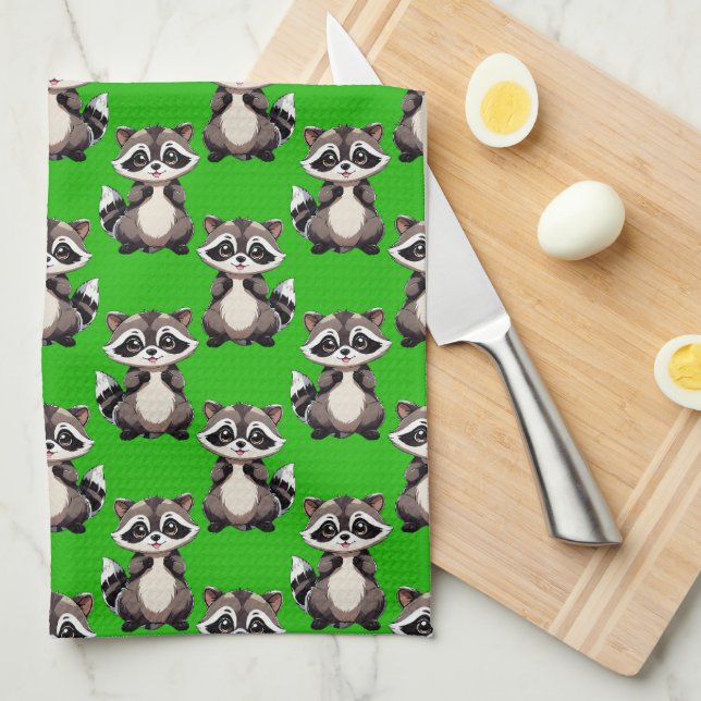 Racoon Pattern Design Green  Tea Towel (Quarter Fold)