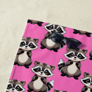 Racoon Pattern Design Pink Beach Towel