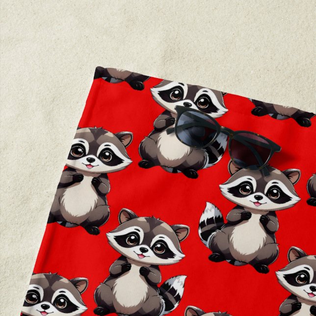 Racoon Pattern Design Red  Beach Towel (In Situ)