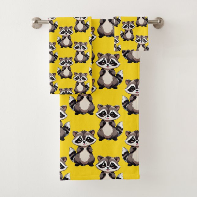 Racoon Pattern Design Yellow  Bath Towel Set (Insitu)