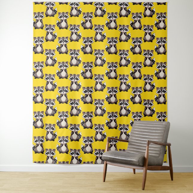 Racoon Pattern Design Yellow  Tapestry (In Situ)