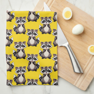 Racoon Pattern Design Yellow Tea Towel