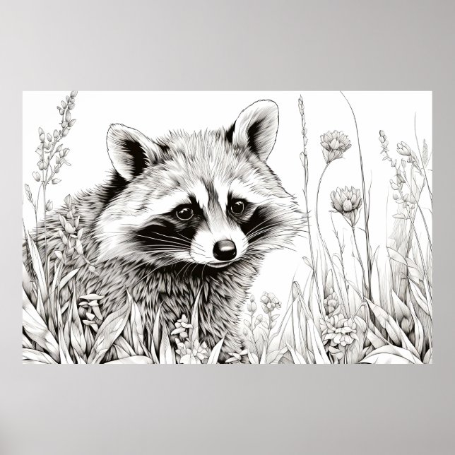 Racoon Peaceful Nature Prairie Sketch Drawing Art Poster (Front)