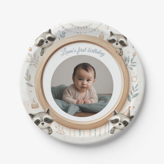 Racoon Photo Frame for Kids' Birthday Parties Paper Plate (Front)