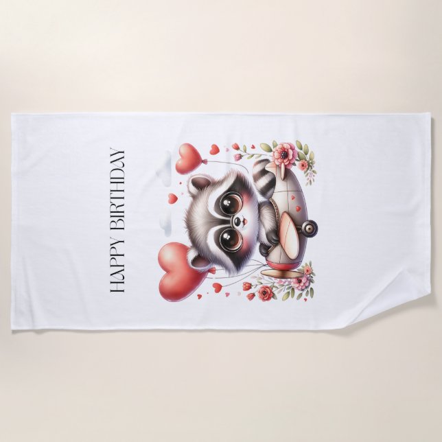 Racoon Pilot Birthday Beach Towel (Front)