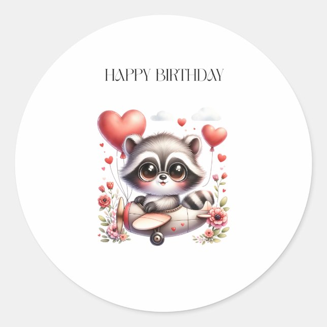 Racoon Pilot Birthday Classic Round Sticker (Front)