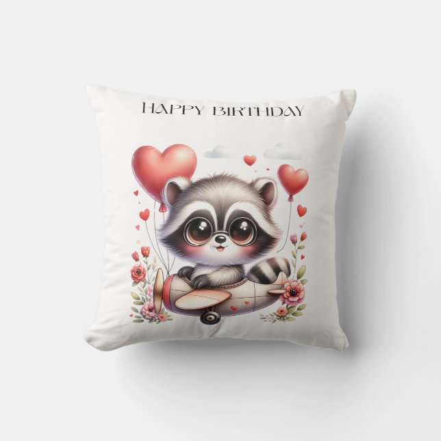 Racoon Pilot Birthday Cushion (Front)