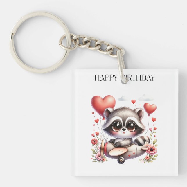 Racoon Pilot Birthday Key Ring (Front)